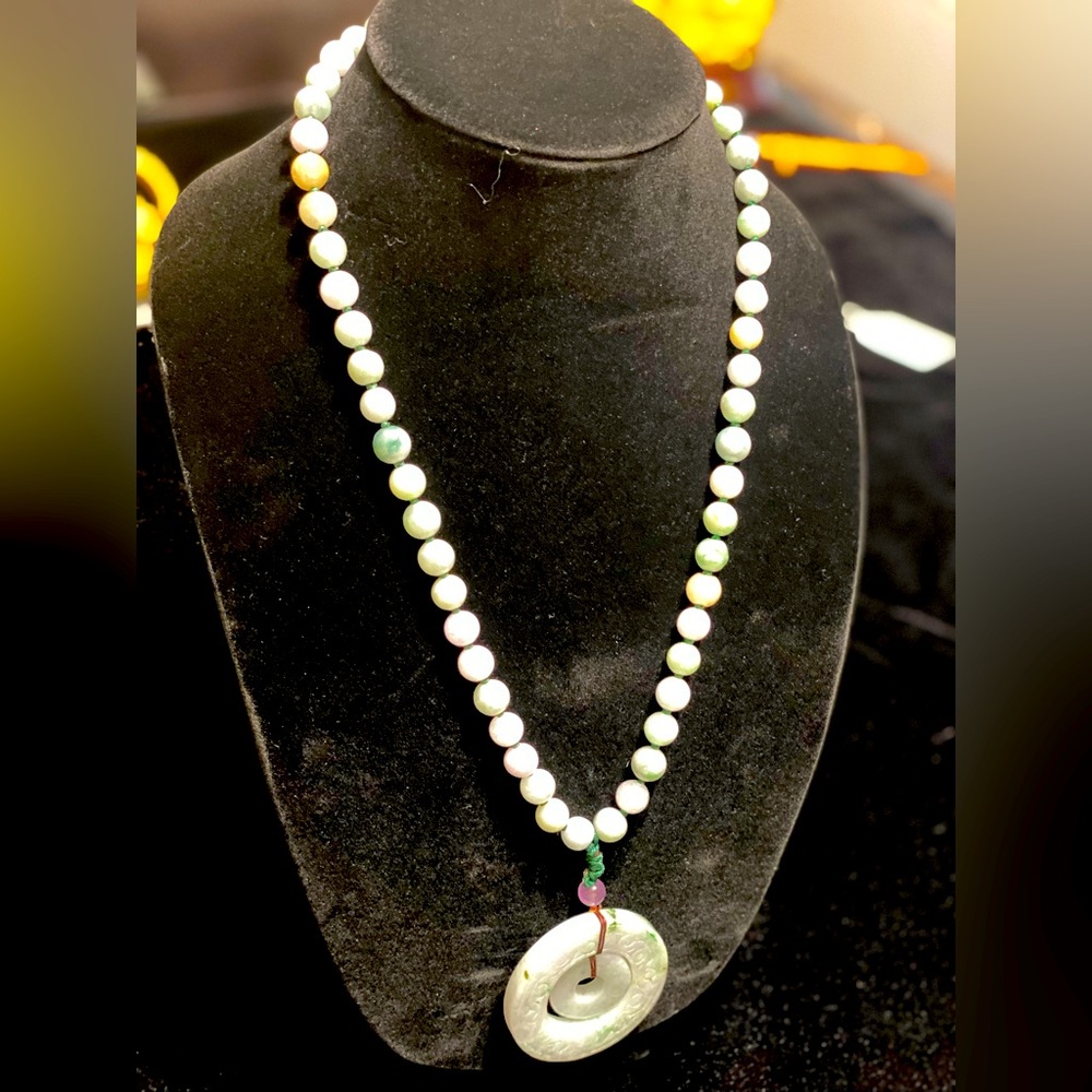 22 inch Natural Jade necklace with a 2 inch double Lucky Coin pendant.